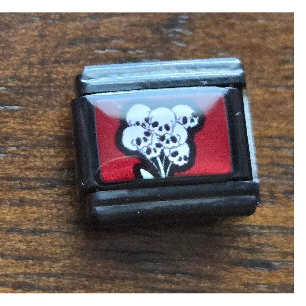 Skull Bouquet Italian Charm Link Black Stainless Steel Red Enamel 9mm Goth Emo